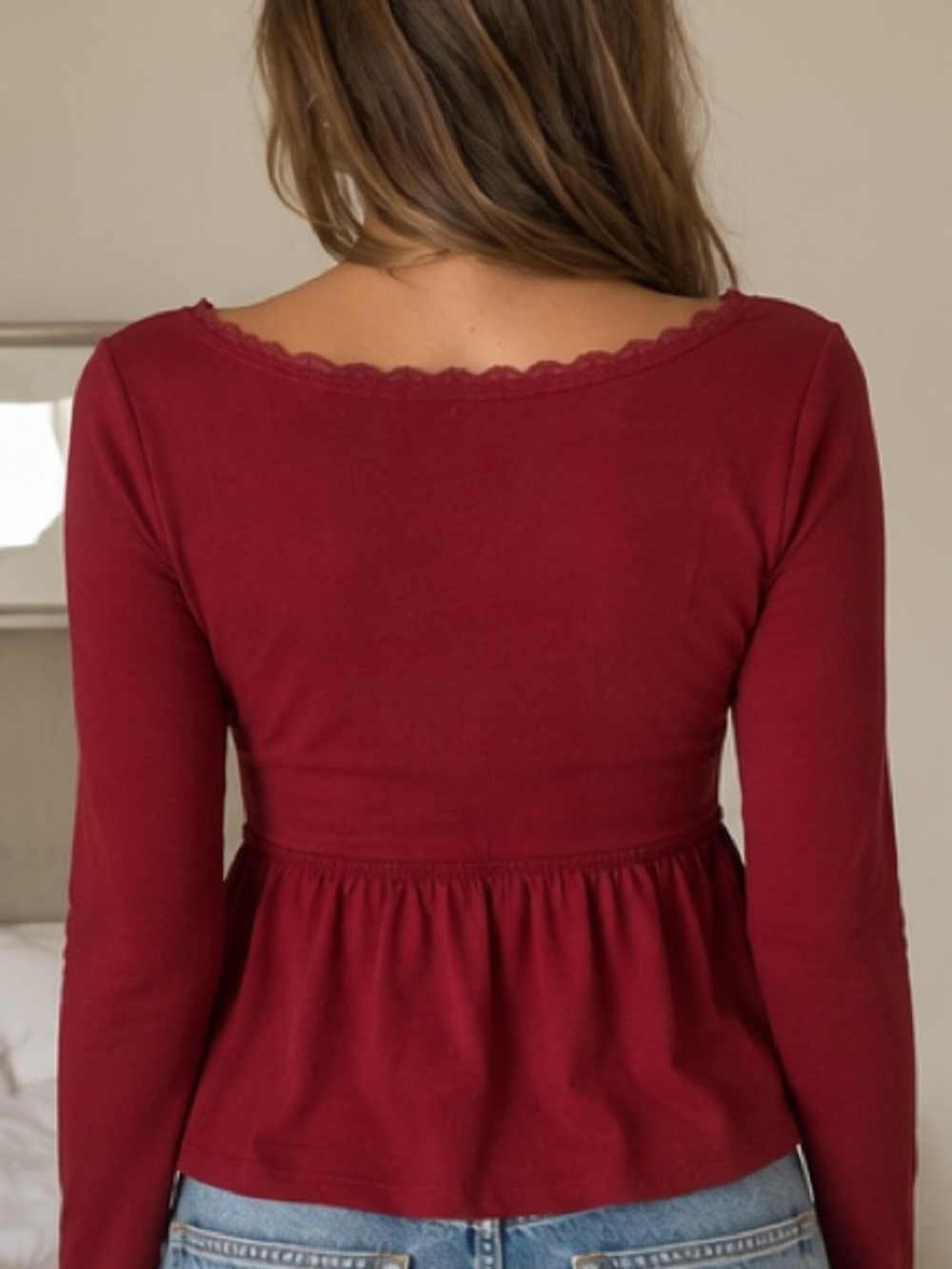 Women's Long-Sleeve V-Neck Peplum Top in Burgundy - Picture 2 of 5